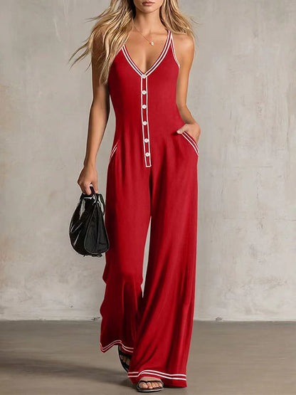 Women's Contrast-Trim Button-Front Jumpsuit