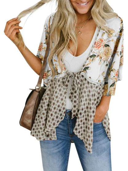 Women's Floral Patchwork Tie-Front Boho Cardigan