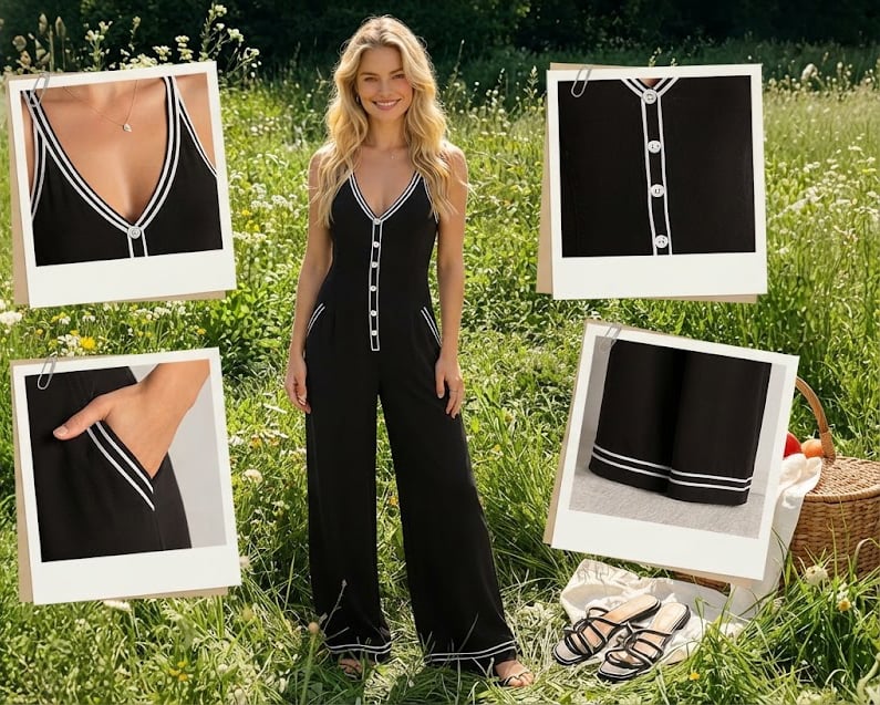 Women's Contrast-Trim Button-Front Jumpsuit