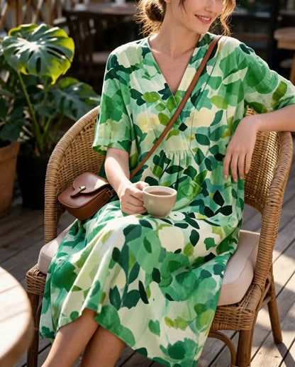 Women's Floral V-Neck Short Sleeve Dress