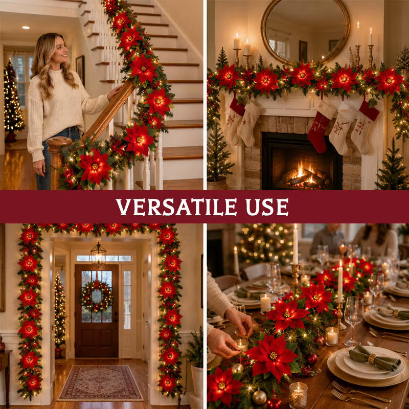 Christmas Poinsettia Garland with Lights