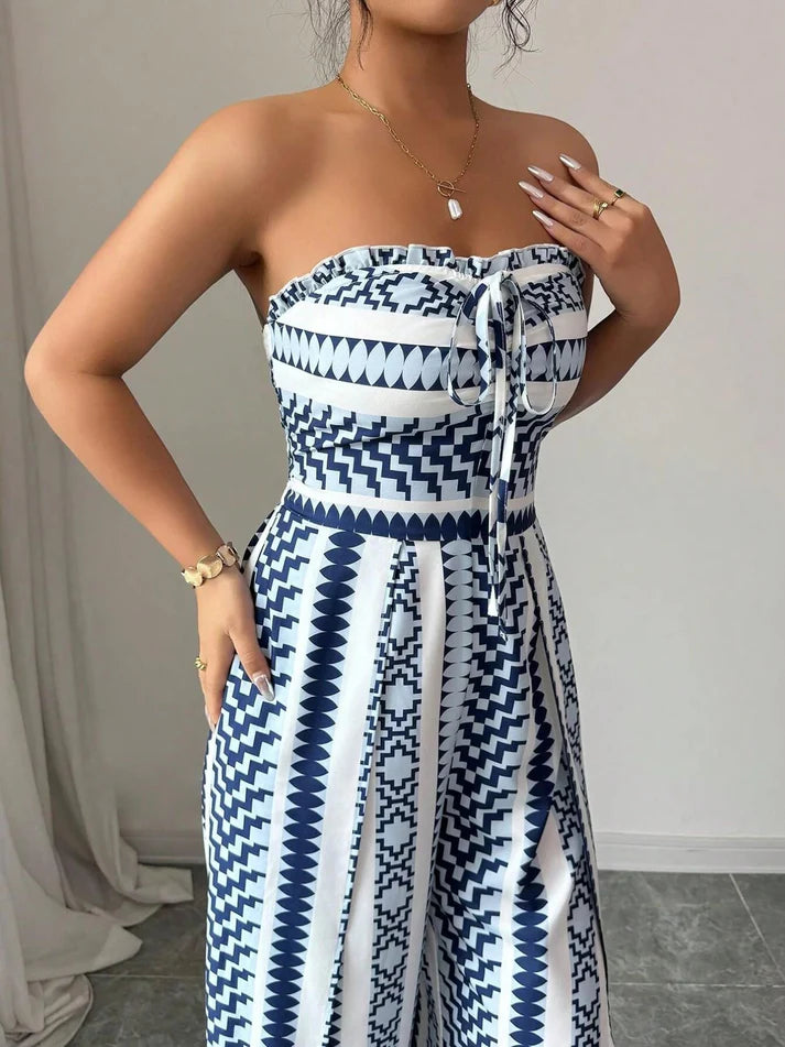 Women's Strapless Geometric Wide-Leg Jumpsuit