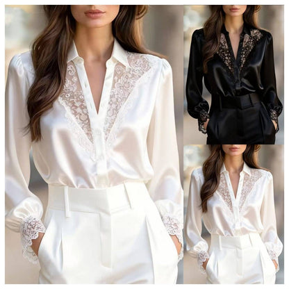 Women's Lace Trim V-Neck Satin Blouse