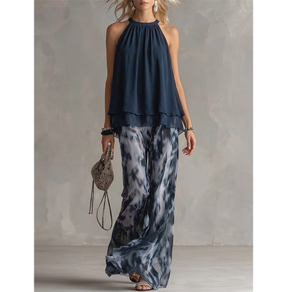 Women's Halter Neck Chiffon Top & Printed Wide Leg Pants Set