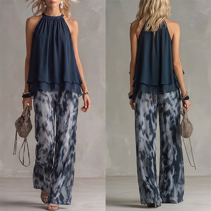 Women's Halter Neck Chiffon Top & Printed Wide Leg Pants Set