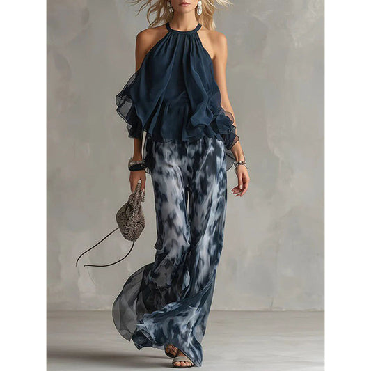 Women's Halter Neck Chiffon Top & Printed Wide Leg Pants Set