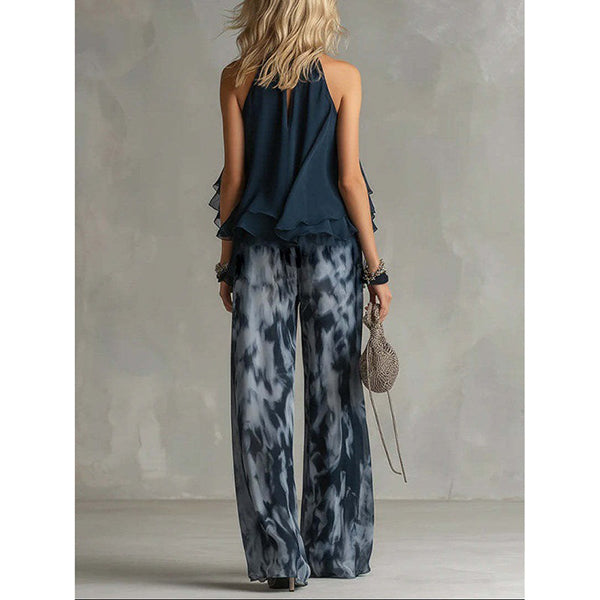 Women's Halter Neck Chiffon Top & Printed Wide Leg Pants Set
