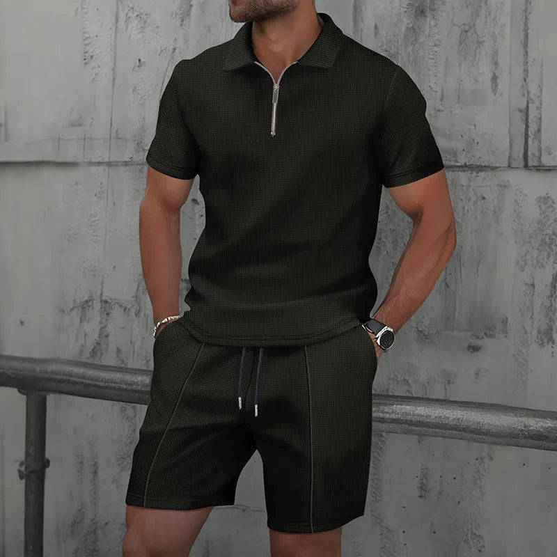 Men's Waffle Knit Polo Shirt & Shorts Set