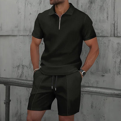 Men's Waffle Knit Polo Shirt & Shorts Set