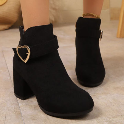Women's Chunky Heel Ankle Boots with Heart Buckle