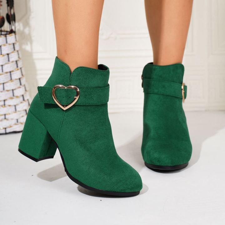 Women's Chunky Heel Ankle Boots with Heart Buckle