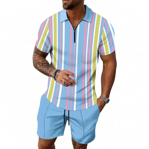 Men’s Striped Polo Shirt and Shorts Set