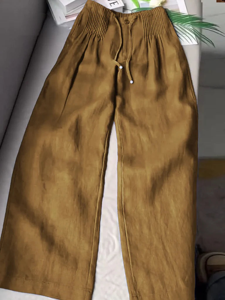 Women’s Pleated Drawstring Wide Leg Cotton Linen Trousers