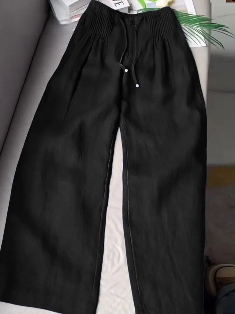 Women’s Pleated Drawstring Wide Leg Cotton Linen Trousers