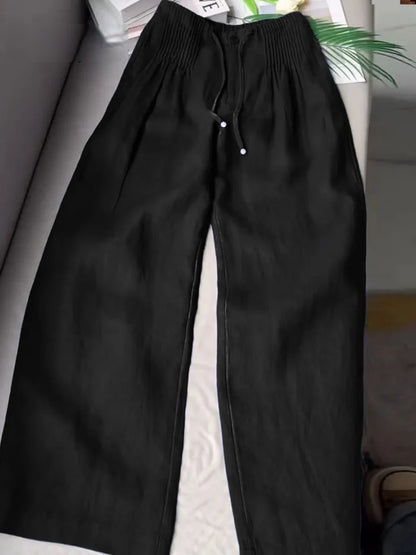 Women’s Pleated Drawstring Wide Leg Cotton Linen Trousers