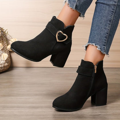 Women's Chunky Heel Ankle Boots with Heart Buckle