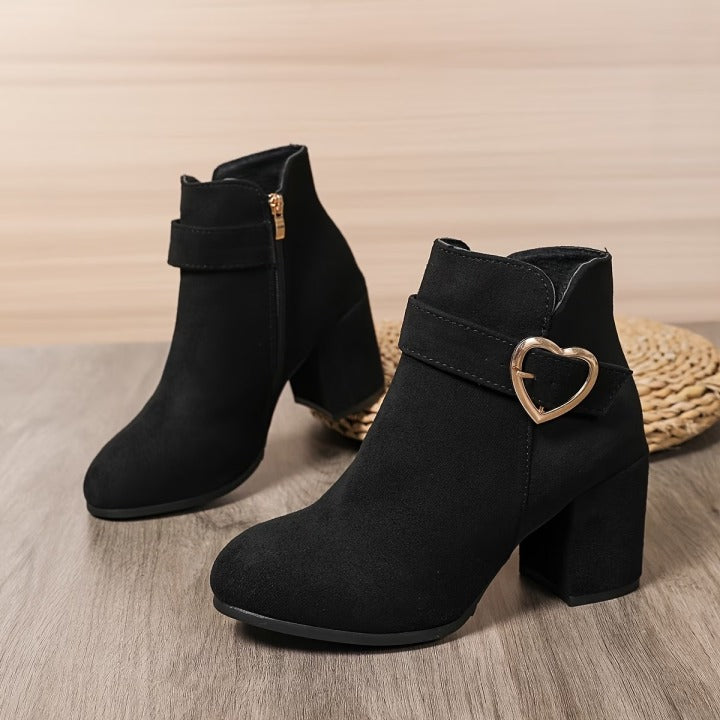 Women's Chunky Heel Ankle Boots with Heart Buckle