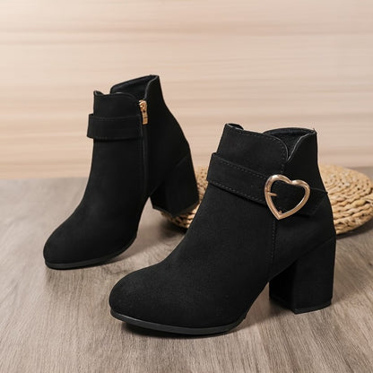 Women's Chunky Heel Ankle Boots with Heart Buckle