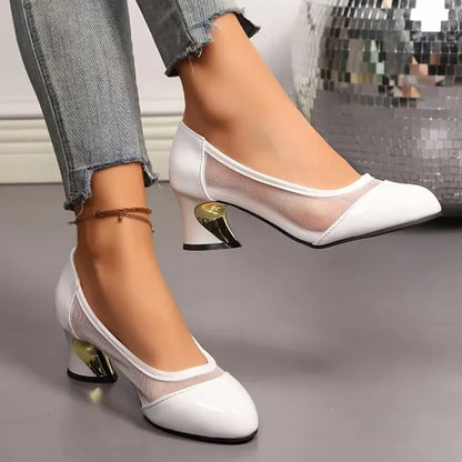 Women’s Mesh Panel Chunky Heel Pumps