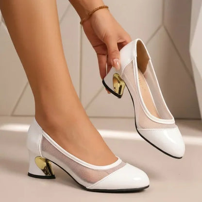 Women’s Mesh Panel Chunky Heel Pumps