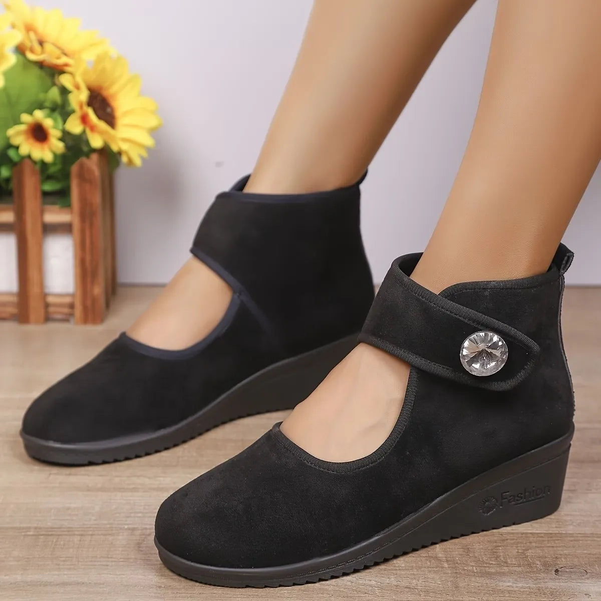 Women's Rhinestone Strap Wedge Ankle Boots