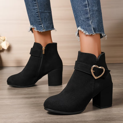 Women's Chunky Heel Ankle Boots with Heart Buckle