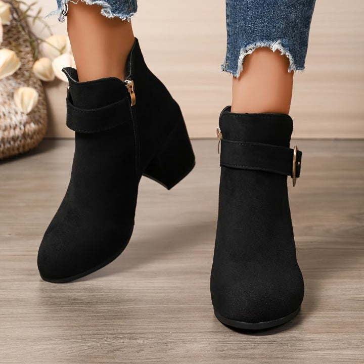 Women's Chunky Heel Ankle Boots with Heart Buckle