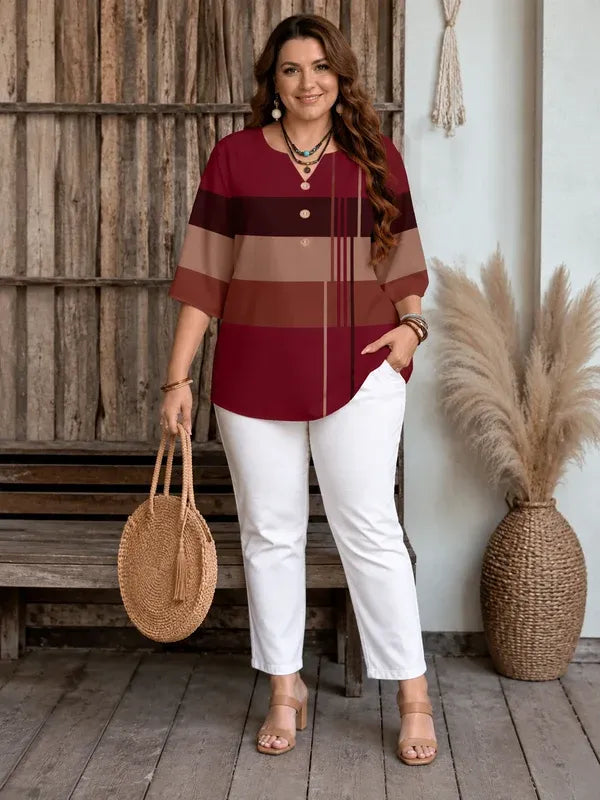 Women's Patterned V-Neck Buttoned Blouse