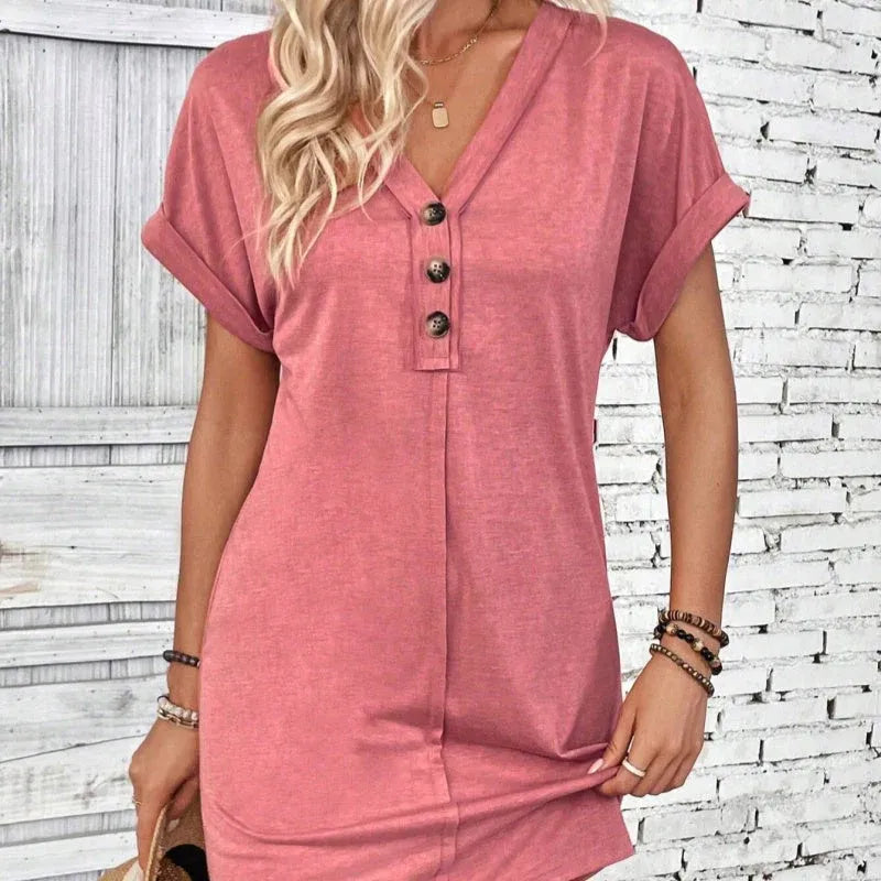 Women’s Casual V-Neck Button Front T-Shirt Dress