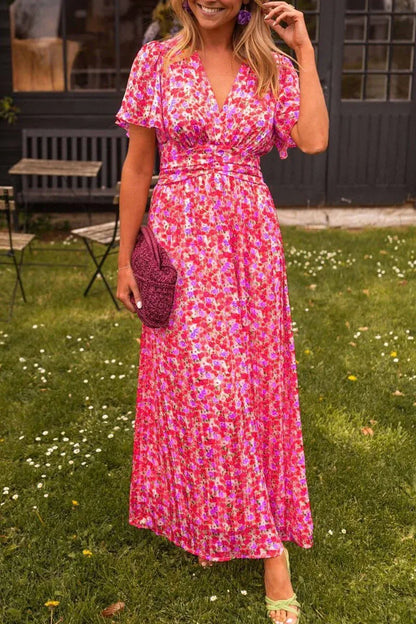 Women’s Floral V-Neck Smocked Waist Maxi Dress