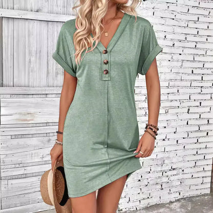 Women’s Casual V-Neck Button Front T-Shirt Dress