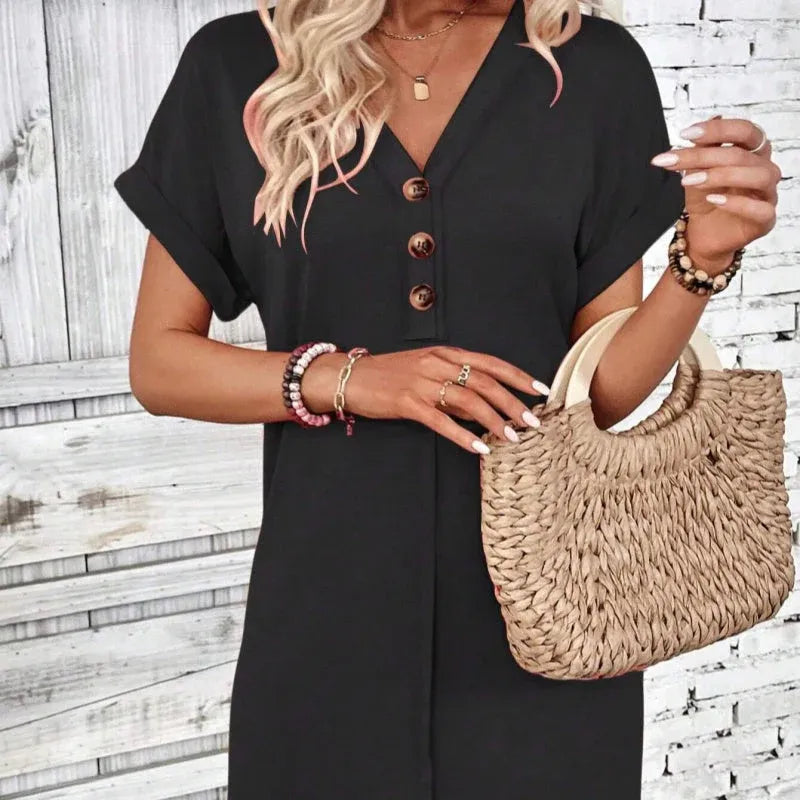 Women’s Casual V-Neck Button Front T-Shirt Dress