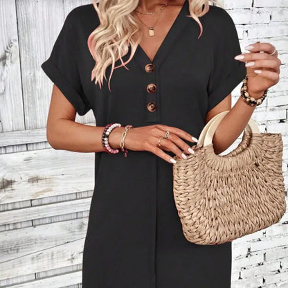 Women’s Casual V-Neck Button Front T-Shirt Dress