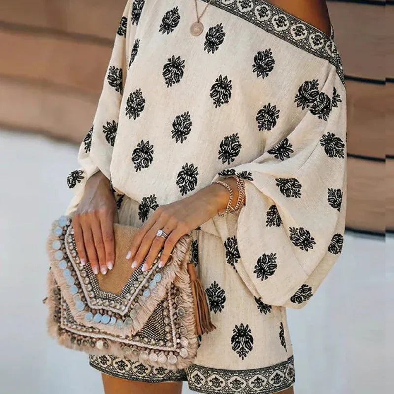Women’s Boho Off-Shoulder Printed Romper Set