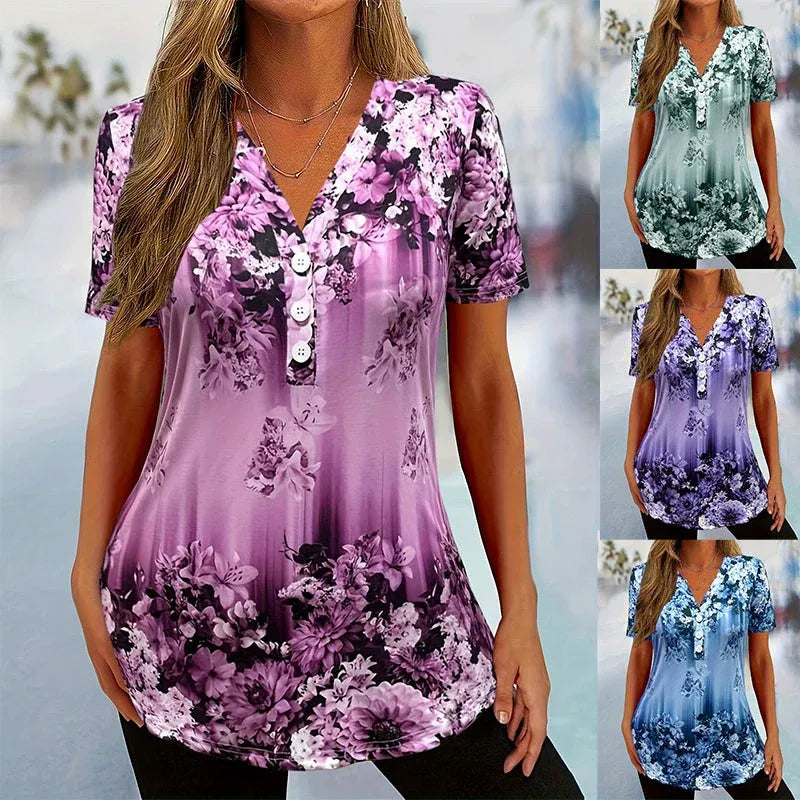 Women’s Floral V-Neck Button Front Casual Top