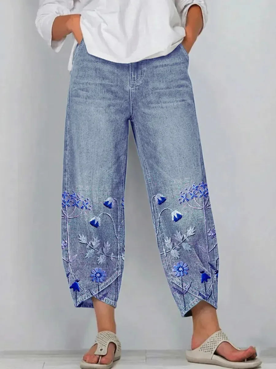 Women's Floral Print Denim Pants