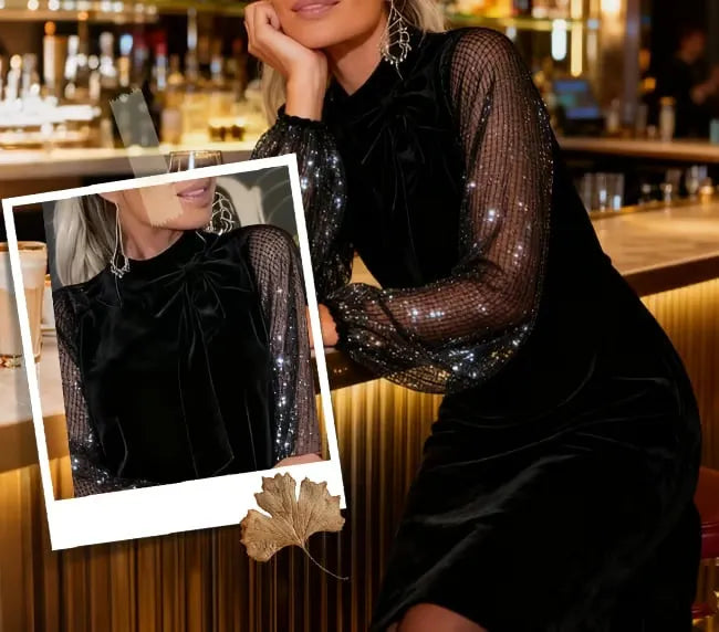 Velvet Sparkle Sleeve Bow Dress