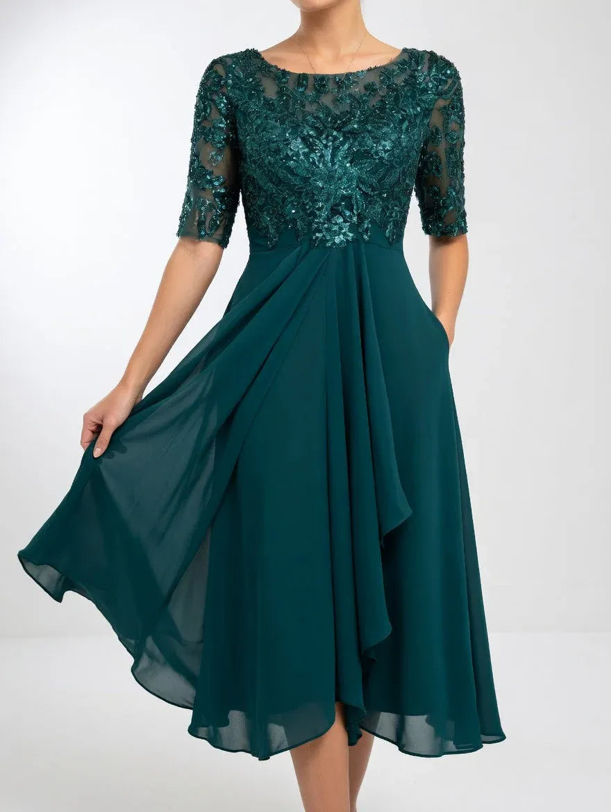 Women’s Lace Bodice Chiffon Midi Dress