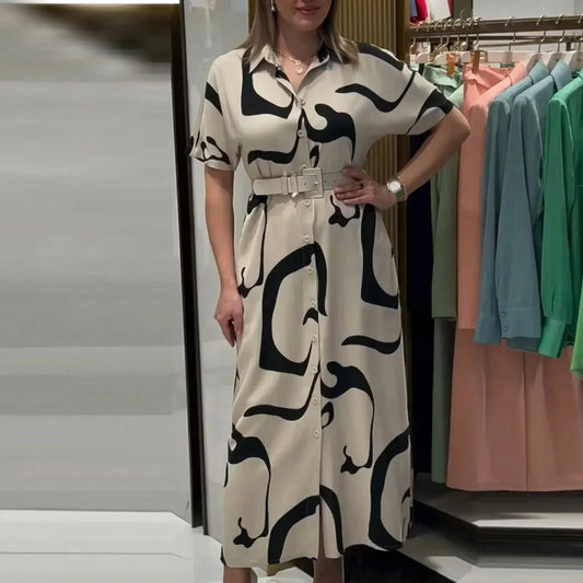 Women’s Printed Button-Front Midi Shirt Dress with Belt