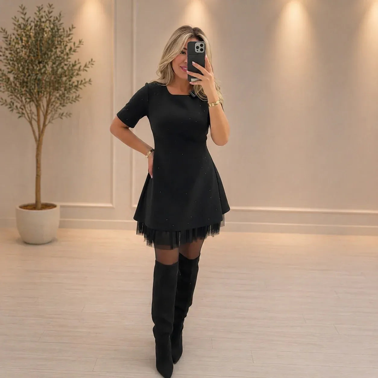 Women’s Sparkle Mesh Hem Mini Dress