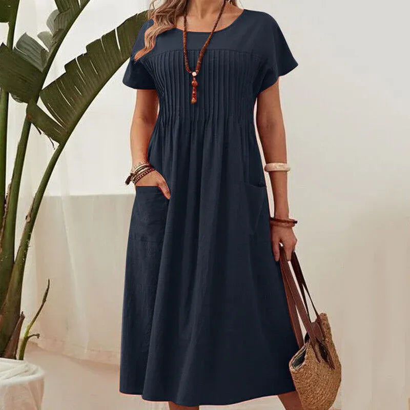 Women’s Short Sleeve Pleated Pocket Midi Dress