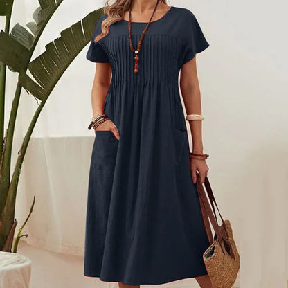 Women’s Short Sleeve Pleated Pocket Midi Dress