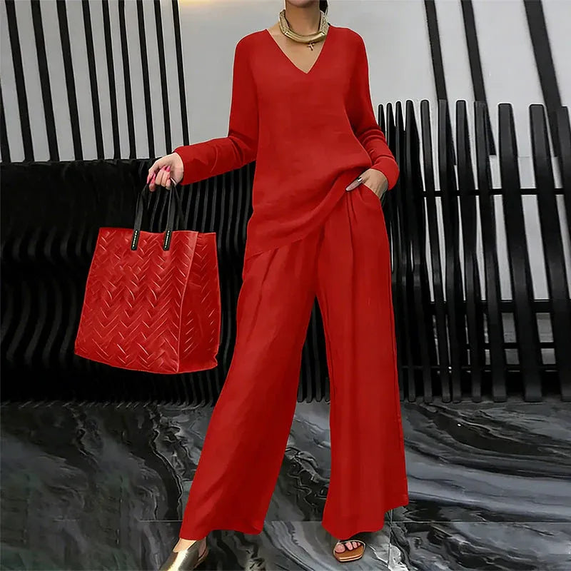 Women’s V-Neck Top and Wide-Leg Pants Set