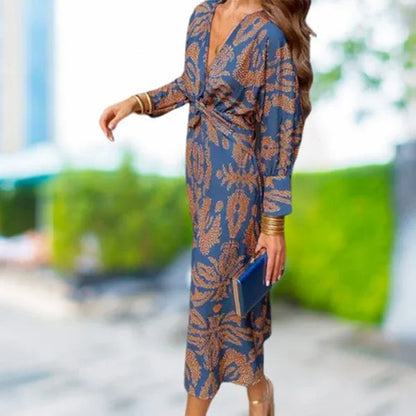 Women’s Printed V-Neck Long Sleeve Midi Dress