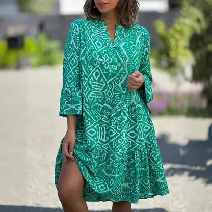 Women's Printed V-Neck Flowy Dress