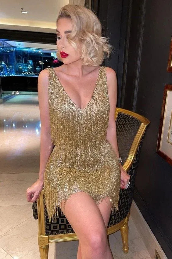 Fringe Sequin V-Neck Party Dress