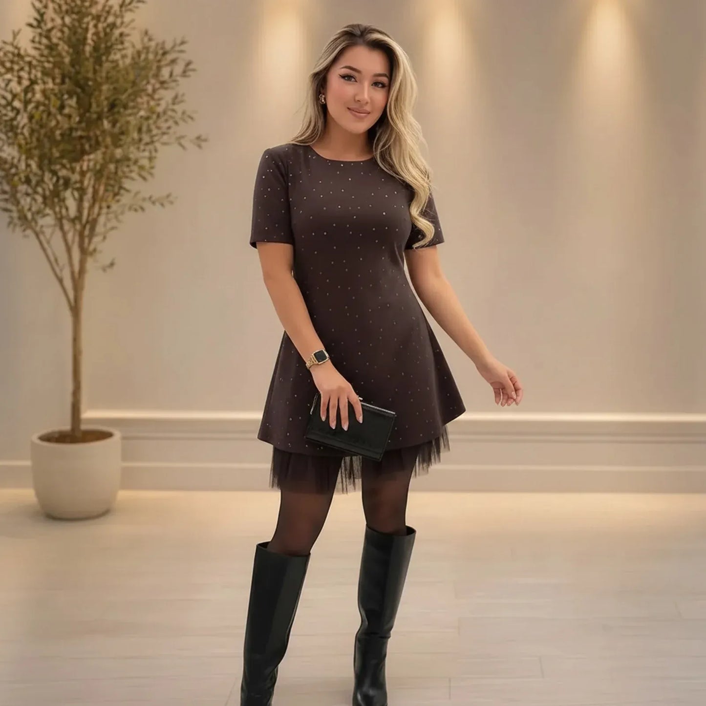 Women’s Sparkle Mesh Hem Mini Dress
