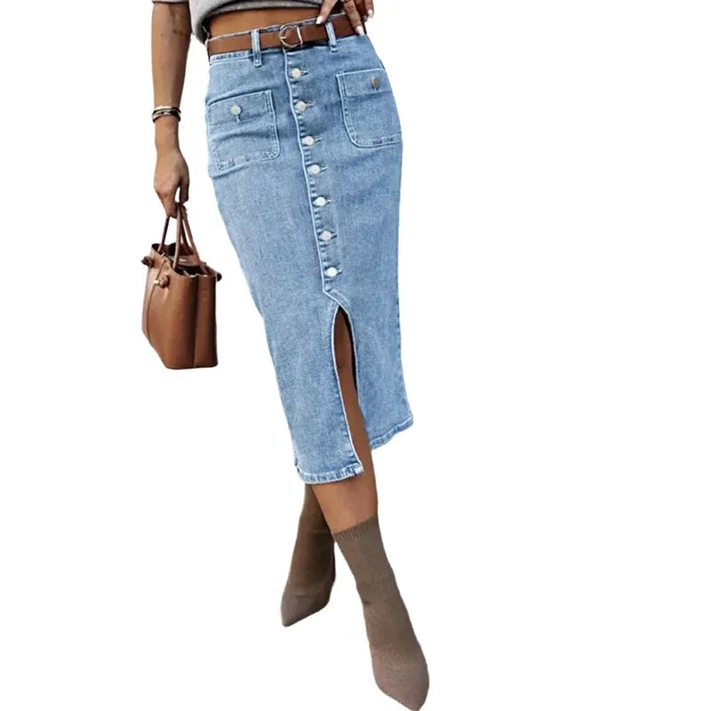 Women’s High-Waisted Button-Front Denim Midi Skirt