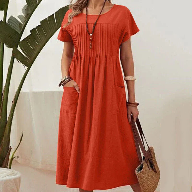 Women’s Short Sleeve Pleated Pocket Midi Dress