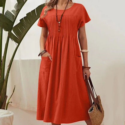 Women’s Short Sleeve Pleated Pocket Midi Dress